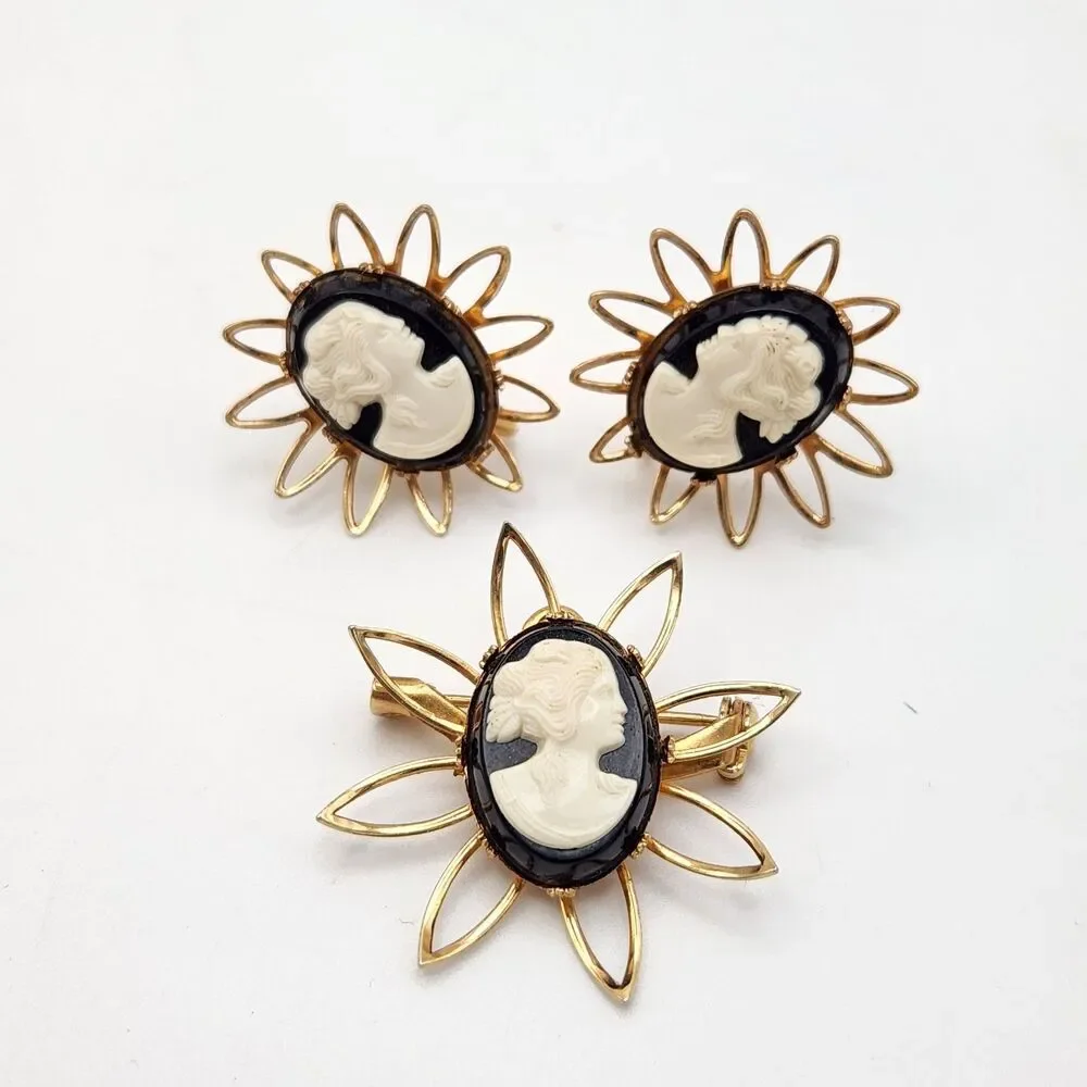 Vintage Mid-Century Sunburst Cameo Brooch & Screw-Back Earring Set Gold Tone